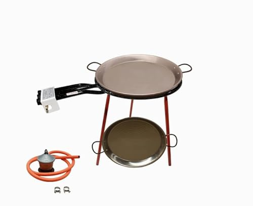 FERRETERIA LEPANTO Kit Paellero, Quemador a Gas butano, paellera acero pulido, regulador de Gas + 1,5 metros de Manguera, soporte de 3 Patas Resistentes (Pulida, 60 CM)