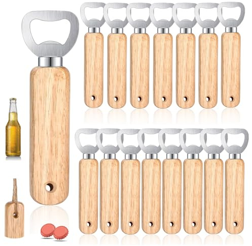 16 Stück Flaschenöffner Holz, Holzgriff Bier Kronkorkenöffner mit Löchern, Tragbare Kapselheber, Personalisierter Bierflaschenöffner mit Holzgriff für Zuhause, Küche, Bar