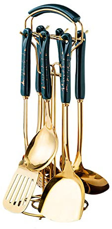 MRKU Set di Utensili di Lusso da 7 Pezzi in Acciaio Inossidabile con Manico in Ceramica e Supporto, spatola, Paletta Forata, mestolo, Cucchiaio da Portata, Cucchiaio per Pasta.