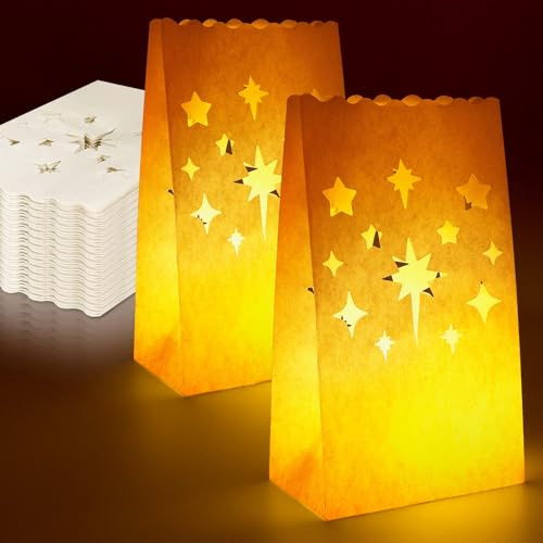 70 Pieces White Luminary Bags, Fireworks and Stars Cutout Flame Resistant luminaries, Candle Bags Paper Lanterns for Christmas, Halloween, Wedding, Thanksgiving, New Year, Valentine's Day Party Decor