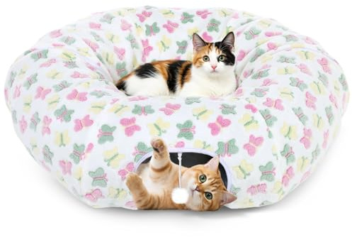Tivray Túneles para Gatos de Interior, Cama Túnel de Felpa de 90 cm con Bola Colgante y Cojín Circular, Cueva Interactiva Multiusos para Gatos, Gatitos y Conejos, Regalo Divertido, Blanco & Mariposas