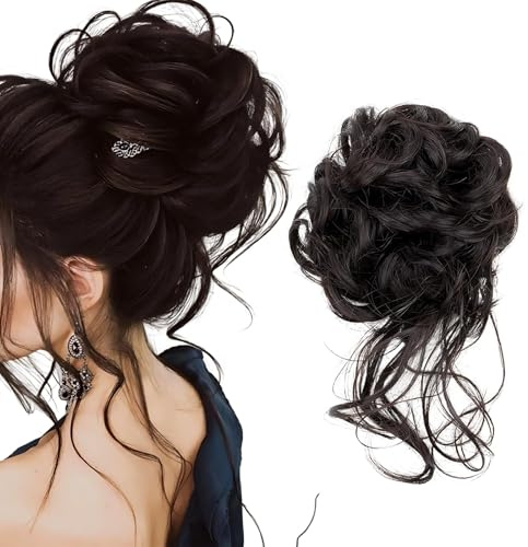 Haarteil mit Gummiband, Haarteil Dutt, Groß Dutt Haarteile Dunkelbraun Gelockt Haargummi Mit Gummiband, Synthetisch Messy Hochwertiges Haaraccessoire Für Damen, Ideal Für Alltagm, Dunkelbraun