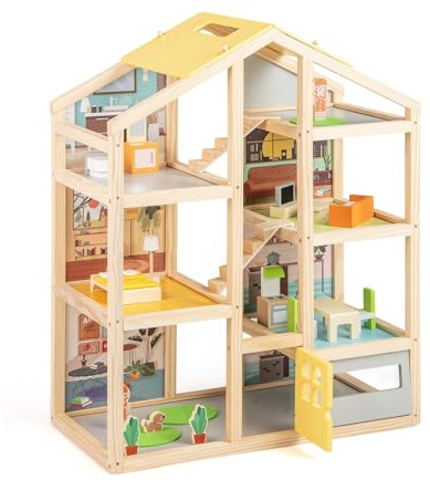 COSTWAY Casa delle Bambole in Legno, Casa Bambole con 4 Piani, 7 Stanze, Garage e Scale, Casetta Giocattolo Educativo con 18 Mobili Accessori e 3 Figure, per Bambini 3+ Anni, 60 x 30 x 75 cm