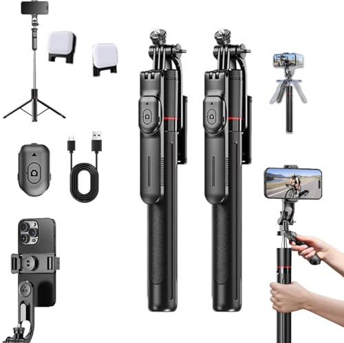 Gloryboom Gimbal Stabilizer - Master Every Move, Smart AI Facial Recognition Phone Tripod with Fill Light & Remote, 360° Automatic Rotation Anti-Shake, for Live Video Recording, Training (2PCS)