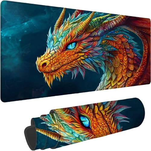 Tapis de Souris 1000 x 500 x 3mm, Grand sous Main Bureau Noir avec Base en Caoutchouc Antidérapant Surface Étanche Bords Cousus Tapis de Souris Gamer pour PC, Laser Optique Bureau Gamer Dragon xn-263