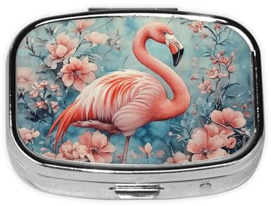 Generic Pillendose mit pinkem Flamingo-Druck, quadratisch, 2 Fächer, kleine Pillendose für Geldbörse und Tasche, Mini-Pillenhalter, aus Metall, Reise-Pillenbehälter