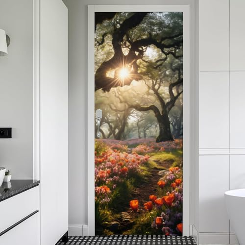 REDAMANCY Sunset Tulip Pink Orange Flowers Forest Landscape Nature Peel and Stick Door Stickers Vinyl Decals Decor Modern Self-Adhesive, Waterproof, Removable
