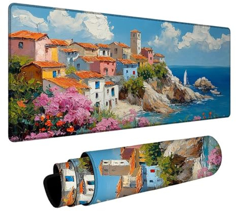Alfombrilla Ratón Pequeño Pueblo Alfombrilla Ratón XXL 60 x 140 x 0.3cm Impermeable Mousepad Vista al mar Bordes sellados Mayor precisión y Velocidad per Teclado Portatil Gaming Oficina DBYH-0547