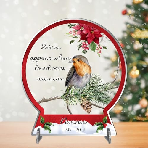 In Loving Memory Robin Snowglobe 2D Flat Plaque - Personalised Remembrance Bereavement Keepsake Christmas Decoration for Loved Ones in Heaven (Red)