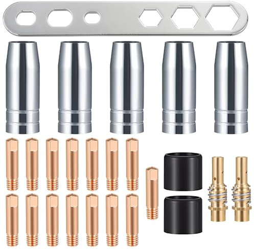 25 Stück Verschleißteile Set, Schutzgasschweißgerät Zubehör, Schweißzubehör passend MB-15AK MIG, mit 15 x Stromdüse M6 0,8mm 5 x Schweißdüsen 2 x Düsenstiel 2 x Isolatoren 1 Schraubenschlüssel