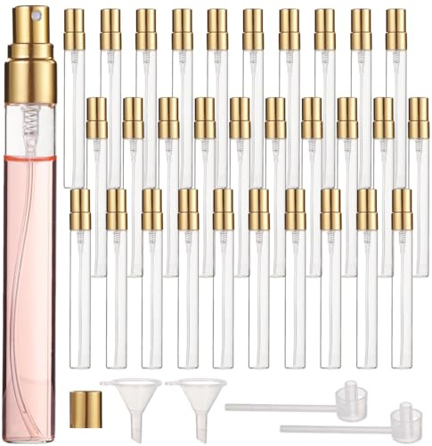 30 Pcs Mini Spray Bottles, Refillable Glass Perfume Bottles, Portable Travel Sample Containers, Fine Mist Atomizers with Caps, Includes 2 Funnels and 2 Dispensers, Ideal for Liquids, Fragrances