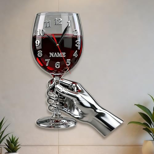 HCLRIU Orologio da Parete Personalizzato a Forma di Bicchiere da Vino, Decorazione da Parete in Acrilico 2D, Supporta Nomi Personalizzati, Regalo di Compleanno per Intenditori di Vino