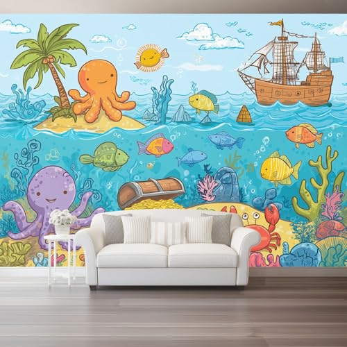 Wallpaper Mural Photo 200 x 140(WxH) – Cartoon Coastal Fish Decorative Non-Woven Wall Print for Living Room Bedroom TV Backdrop or Accent Walls Blue