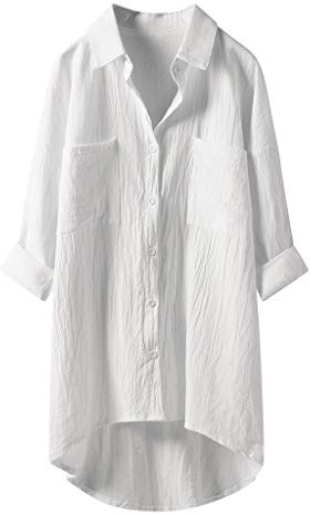 Generisch Camisa de lino para mujer, blusa de lino para verano, algodón, cuello en V, blusa oversize, túnica, manga larga, holgada, casual, Boho A48, Blanco, 3XL
