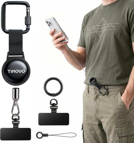 TiMOVO Anti-Theft Retractable Phone Tether Steel Wire, Black | Steel Line Phone Lanyard with Carabiner-Style Clip & Tether Tab, Universal Fit for Most Smartphone Cases