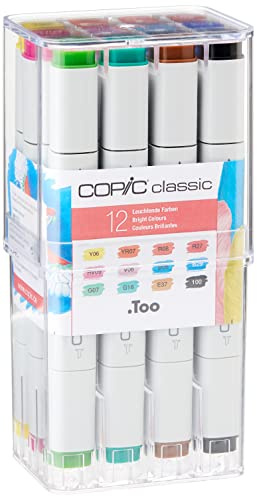 Copic klassisk färgad markörpenna – set med 12 ljusa färger, för konst och hantverk, färgning, grafik, highlighter, design, anime, professionella och nybörjare, konsttillbehör och målarböcker