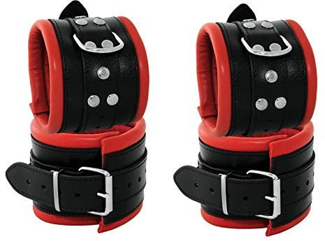 80mm BDSM Bondage Leder Set Handfesseln Fußfesseln Fesselset rot | Extra breit,Top Qualität, mit Leder Handfesseln und Leder Fußfesseln, gepolstert