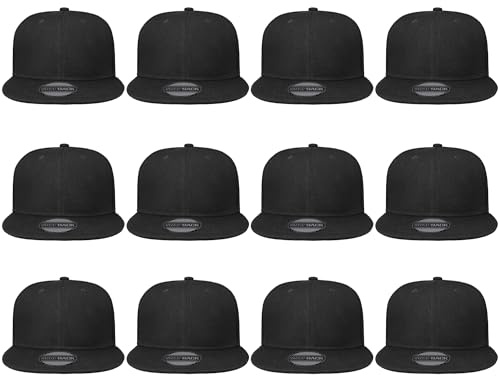 Gelante Cappellini da baseball regolabili Snapback a tesa piatta in bianco tinta unita Lotto da 12 pezzi, nero, Taglia unica