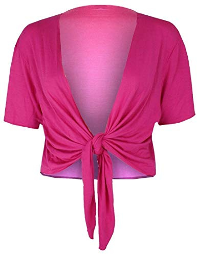 Crazy Girls Womens Ladies Cap Sleeve Tie Up Front Cropped Bolero Shrug Crop Cardigan Top UK 8-26 (8-10, Fuchsia)