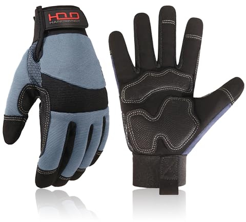 HANDLANDY Anti-Vibrations-Sicherheits-Arbeitshandschuhe für Herren und Damen, atmungsaktiver flexibler Elasthan-Rücken, Touchscreen-Werkzeug-Handschuh (Größe L, Grau)