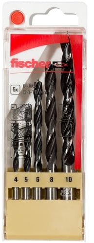 Fischer Set 5 Punte Trapano D-WS PL Professionali in Acciaio per Legno, Diametro 4-5-6-8-10 mm, Attacco Cilindrico, per Legno Massiccio, Lamellare, Truciolare, 536608