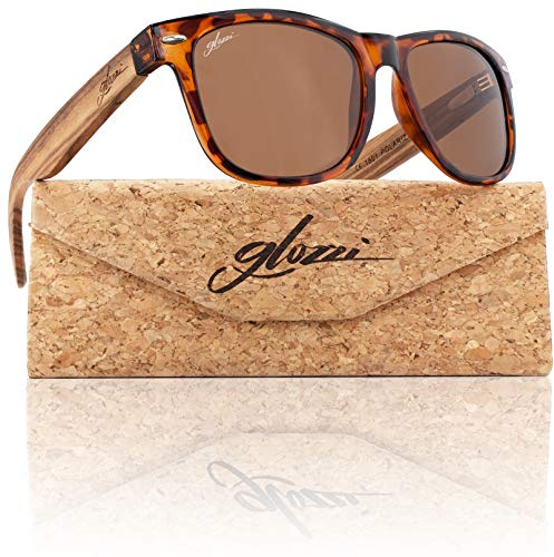 glozzi Sonnenbrille Herren und Damen Holz Polarisiert UV400 mit Holzbügeln und Brillenetui aus Kork