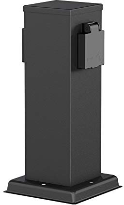 ledscom.de Garden Power Socket Column Polly Black for Outdoor, Double, Stainless Steel, Angular, 27cm
