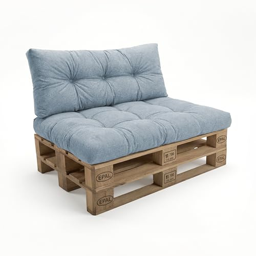 POKAR 2 Cojines para Europalés/Europalet aconchadas: 1x Cojín-Asiento 120x80x12cm +1x Cojín-Respaldo 120x40x12cm, para sofá de paletas, Interior y Exterior, sin palés, Azul