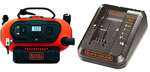 Black+Decker BDCINF18N-QS 11.0 Bar Kompressor/Luftpumpe (mögliche Stromquelle: 12V-/230V-Anschluss oder 18V Akku) & Multivolt-Schnellladegerät (für 14,4V Li-Ionen, 1Ah und 18V, 1Ah Akkuse)
