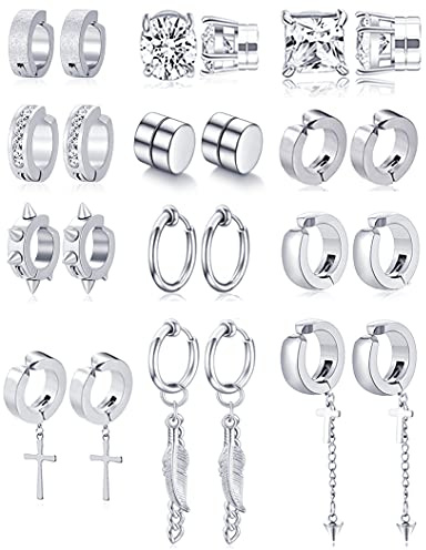 Ofeiyaa 12 Pairs Magnetic Stud Earrings Stainless Steel CZ Hoop Punk Feather Dangle Hinged Non-Piercing Earrings Clip on Magnet Earring Set for Women Men Silver Plated