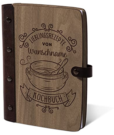Kartenmachen.de Notizbuch, Rezeptbuch, Rezeptordner Holzcover mit Echtleder Rücken 72 Blatt | 144 Seiten A5 hoch 158x222mm Nussbaum Amerikanisch - Kochbuch