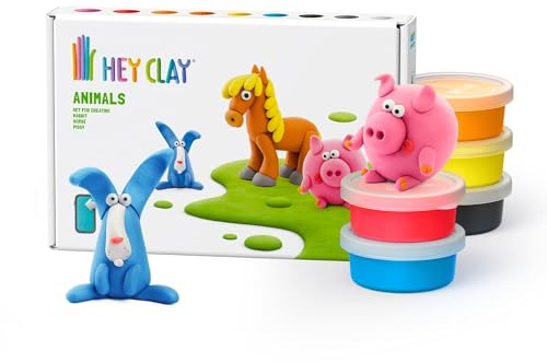HEY CLAY Animaux Pack - 6 boîtes de pâte à modeler séchant à l'air pour enfants de 3 ans et plus - Kit créatif d'arts et d'artisanat (Cheval, Lapin, Petit Cochon)