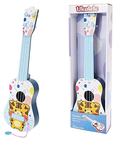 Gukasxi Gitarre für Kinder 41 cm Mini Ukulele Spielzeug Mit 4 Stimmbare Saiten und Plektren, Musikalisches Lernspielzeug für Jungen (Bunt Tiger)