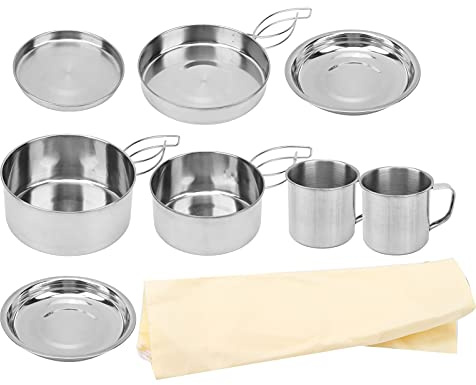 Fauitay Campingausrüstung und -ausrüstung, Camping-Kochset, 23 x 16 x 9, 8-teilig, tragbares Camping-Kochgeschirr-Set, Wandertopf, Pfanne, Tassen-Set aus Edelstahl Picknick,