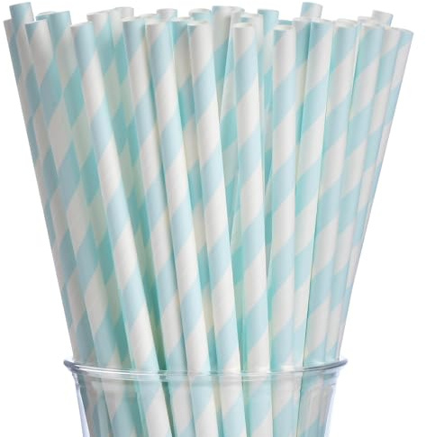 ALINK 100 Light Baby Blue and White Striped Paper Straws, Biodegradable Disposable Drinking Straws for Baby Shower, Brithday, New Year, Party Decoration Supplies
