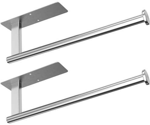CUXIXA Paper Towel Holder Under Cabinet 2 Pack, Upgraded Adhesive Paper Towel Holder Wall Mount for Kitchen, Bathroom, RV, Bend-Resistant, Self-Adhesive or Drill mounting, Stainless Steel, Silver