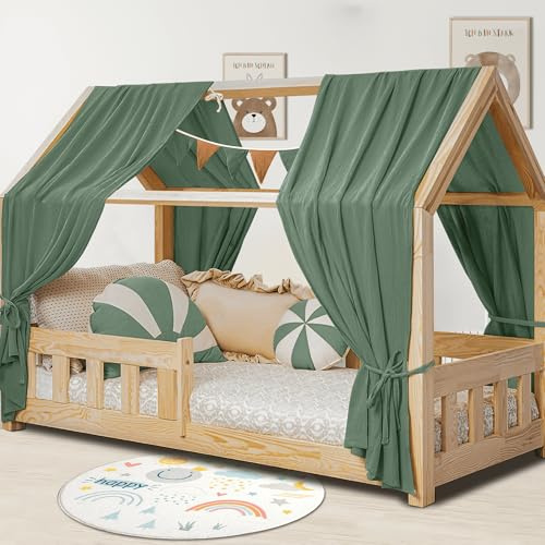 Hook Hausbett Himmel Deko Set, Betthimmel Hausbett aus Musselin - 2 Betthimmel & 1 Wimpelkette, für Jungen Mädchen Deko für Kinderzimmer, Baldachin Kinderzimmer Deko I 135 x 320cm Dunkelgrün