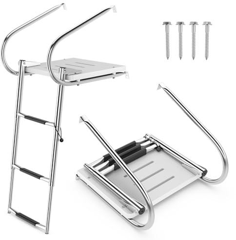 COSTWAY Escalera de Barco de 3 Escalones, Escalera Telescópica Plegable de Acero Inoxidable con Plataforma de Fibra de Vidrio y 2 Pasamanos para Pontones, Barcos y Yates, Capacidad de 227 kg