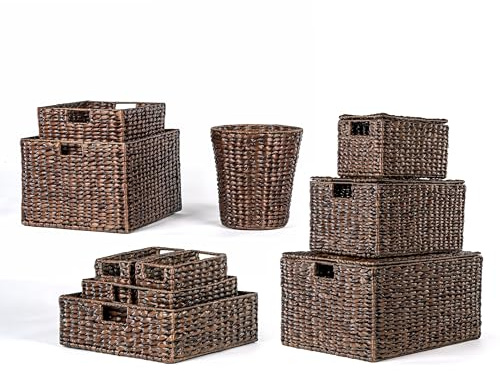 happimess BSK1010B-10SET Lot de 10 paniers traditionnels en jacinthe/fer tissés à la main, marron foncé, rangement pour linge, chambre à coucher, salon, salle de bain, étagères