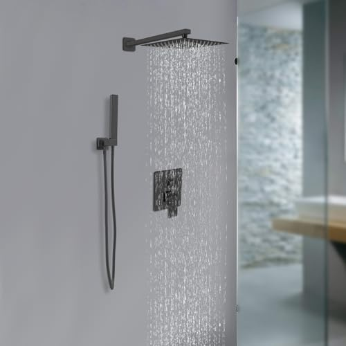 biniliubi - Juego de grifos para ducha empotrada, color negro y mano columna, mezclador termostático, pomo, grifo de baño y ducha, sistema de lluvia