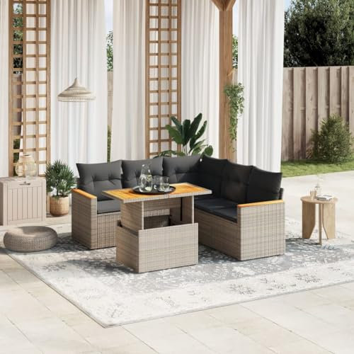 THOYTOUI 6-TLG. Garten-Sofagarnitur, Terrassen möbel Set Lounge möbel Outdoor Balkonmöbel Set Gartengarnitur Set Geeignet für Garten Veranda Balkon Terrasse mit Kissen Grau Poly Rattan