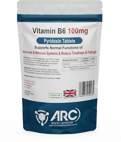 Vitamin B6 Pyridoxine 100mg 180 Vegan Supplement Tablets for Men & Women - High Strength B6 Vitamins - Made in UK