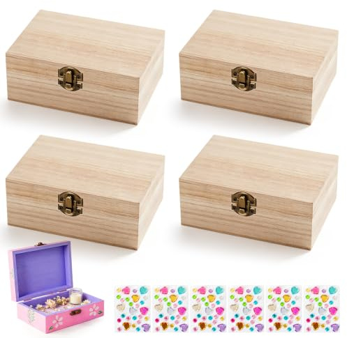 GOEDCH 4 Stück Mini Schatzkisten aus Holz – 15 x 10 x 6 cm Naturbelassene Holzkisten mit Deckel inkl. 6 Bunter Diamant-Aufkleber – DIY Bastelbox, Aufbewahrungsbox & Deko-Truhe