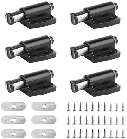 6 Packs Push to Open Door Catches, Magnetic Pressure Touch Release Catches Latch Including Fixing Screws, Heavy Duty Latches for Cabinet Doors, Ideal for Kitchen, Bathroom (Black)