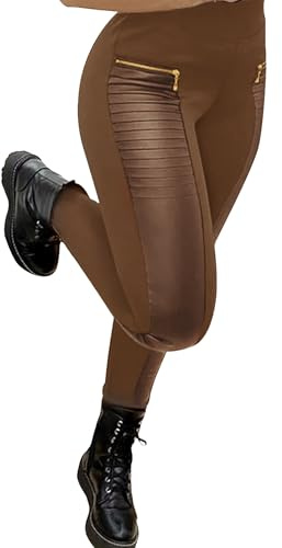 DAOAO Leggings for Women Faux Leather Pant Motorcycle Punk Pleather Clothes Elastic Mid Waisted Stretchy 4XL Coffee