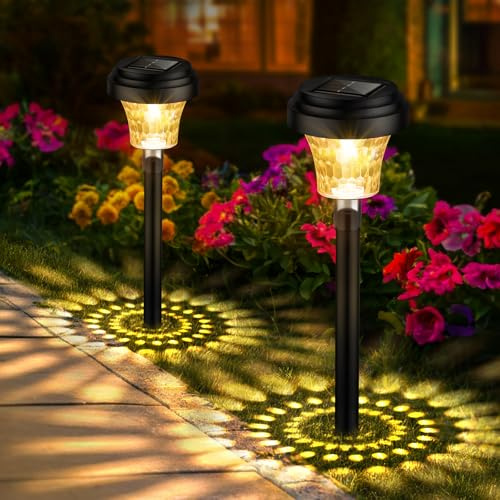 FOMYHEARD - Lámpara solar exterior para jardín, 2 piezas, luz solar al aire libre con luz cálida y 7 colores RGB, IP65, impermeable, iluminación exterior solar para caminos, decoración de jardín al