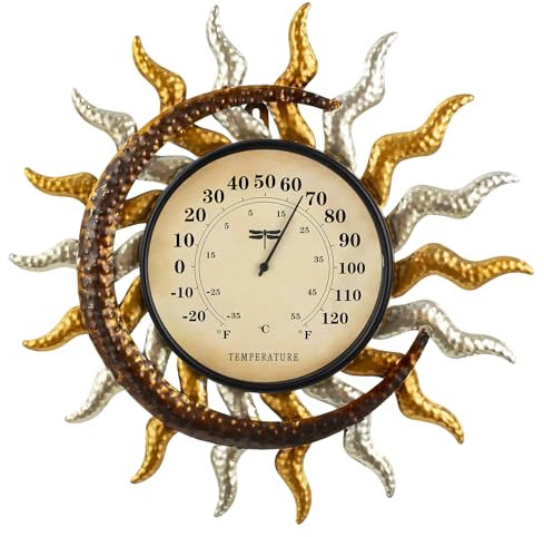 GIBMIDSER 13'' Sun&Moon Outdoor Thermometer Wall-Mounted Thermometer Indoor Gold and Silver Decor Temperature Gauges for Garden Patio Greenhouse Window Balcony Room Garage Plant Nurseries