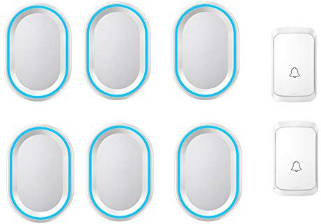 WOTZOV Timbre inalámbrico, 2 pulsadores y 6 receptores, Timbre de Puerta inalámbrico Resistente al Agua con Enchufe de Pared, función de Memoria de Apagado, Flash LED, Alcance d,Blanco