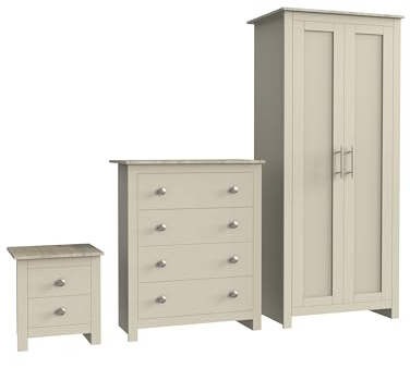 Nera 3 Piece Bedroom Furniture Set Wardrobe 4 Drawer Chest and Bedside Cabinet Bedroom Storage (Cream on Oak)