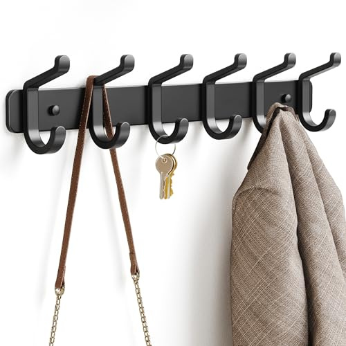pickpiff Coat Rack Wall Mounted Heavy-Duty: Metal Coat Hanger 6 Hooks for Hanging Hat, Clothes, Robe, Keys, Backpack, Bathroom Towels, Jacket, Purse - Closet, Door, Entryway, Mudroom (Black, 1 Pack)